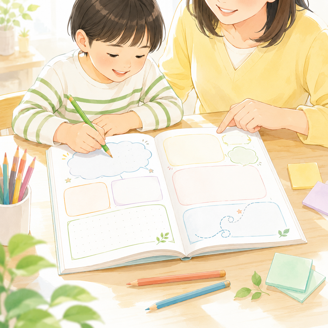 親子で味わい、ワークブックに残す